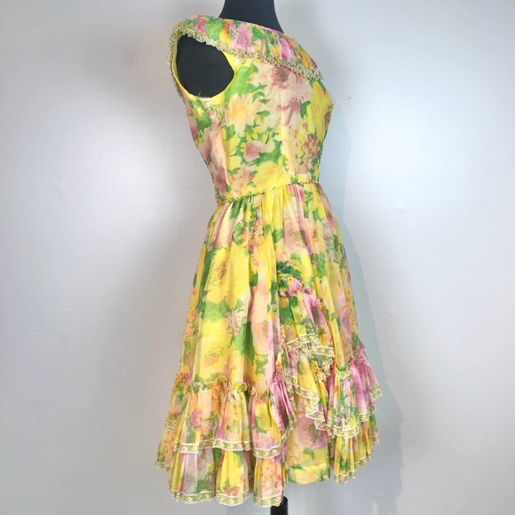 Vintage Chez Bea Square Dance Yellow Floral Dress - Picture 5 of 11